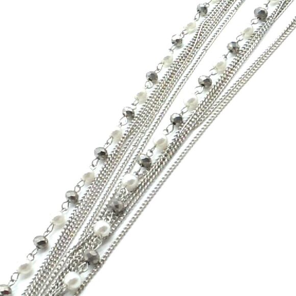 Faux Pearl Crystal Necklace Beaded Multi-Strand Layered Tassel Silver-tone Chain - Picture 4 of 16